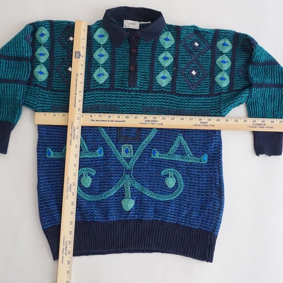 Vintage Bonnie Blue Teal Geometric Beaded Collared Button Front Sweater L - Picture 3 of 11
